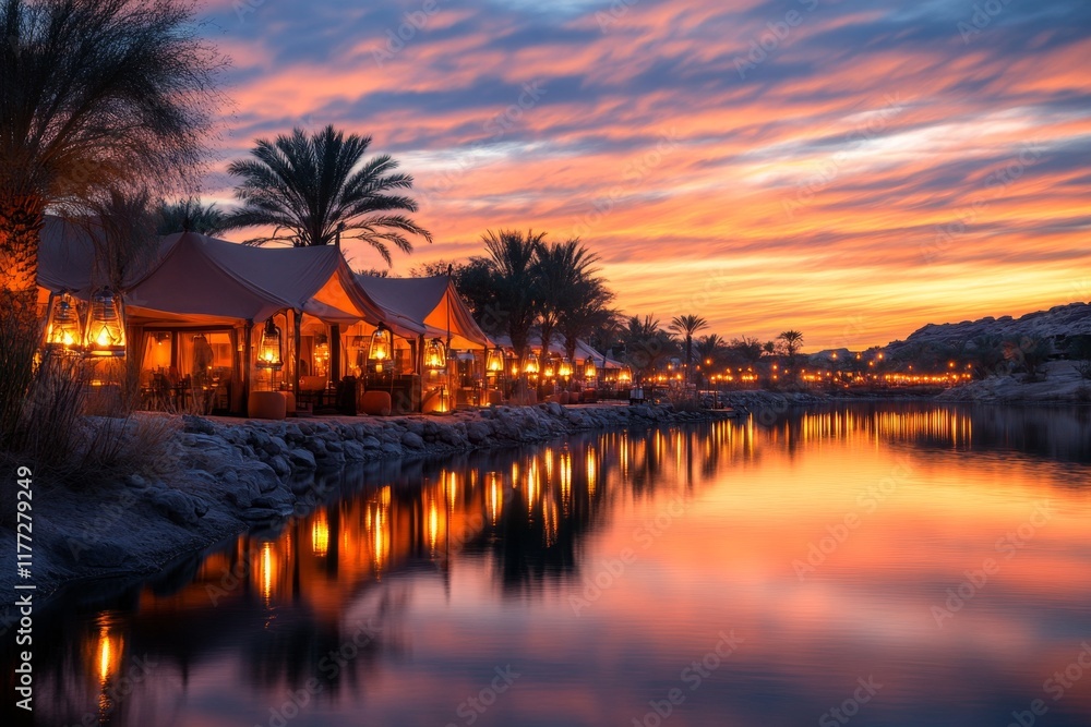 A ksar illuminated by lanterns, with reflections shimmering in the still oasis waters during a quiet desert evening A ksar illuminated by lanterns, with reflections shimmering in the still oasis waters during a quiet desert evening