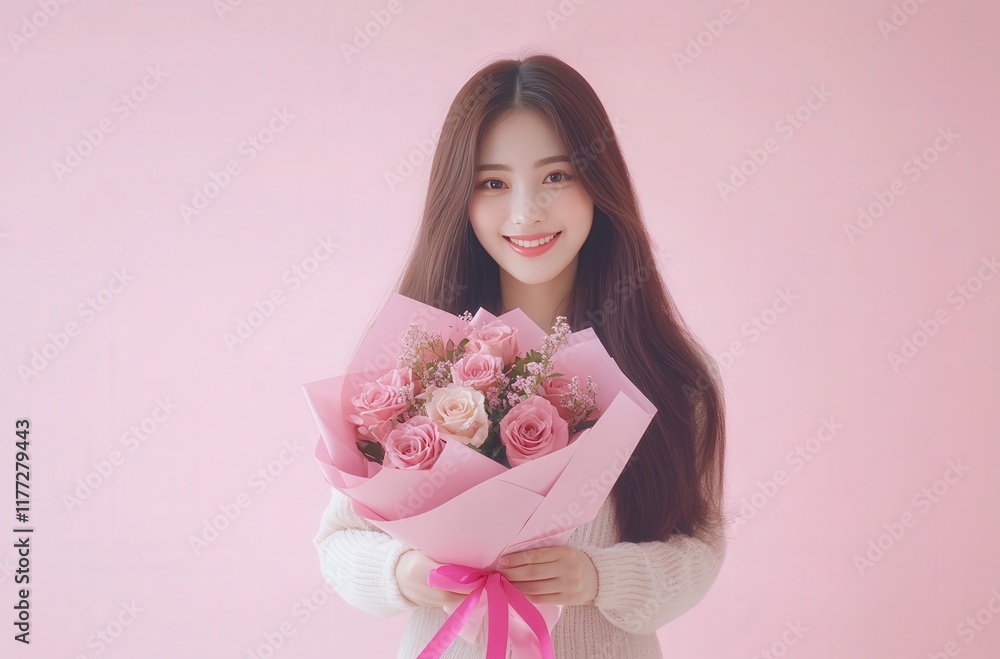 Charming Asian woman holding a bouquet of pink roses against a soft pink background. Charming Asian woman holding a bouquet of pink roses against a soft pink background.