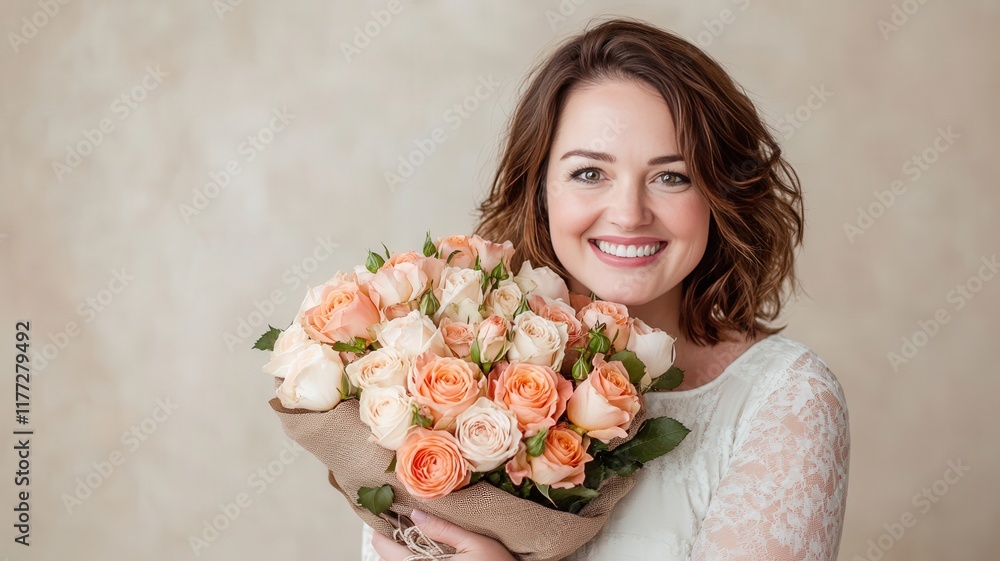 Smiling woman holding a bouquet of roses against a neutral background. Smiling woman holding a bouquet of roses against a neutral background.