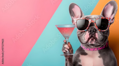 Cool Frenchie sips a pink cocktail, summer vibes! photo