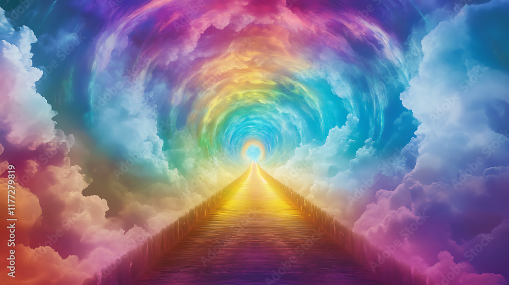Fototapeta premium A rainbow bridge stretching into a kaleidoscope-like sky, leading to unknown realms