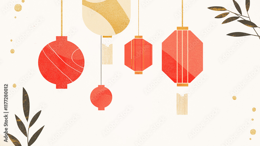 Naklejka premium Retro Lunar New Year illustration clean lines with red gold lantern patterns