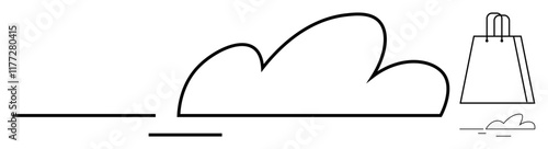 Single large cloud with smooth outline, shopping bag hovering over small cloud beside. Ideal for e-commerce, cloud storage, online shopping, digital marketing, technology, logistics, consumer goods