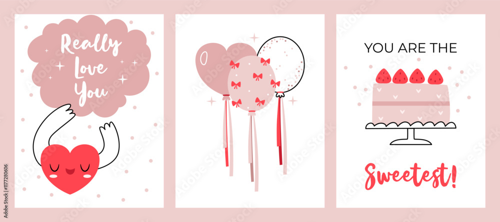 Set of three Valentine's Day card or poster. Heart character, trendy balloons with bows, cake. You are the sweetest. I really love you. Set of three Valentine's Day card or poster. Heart character, trendy balloons with bows, cake. You are the sweetest. I really love you.