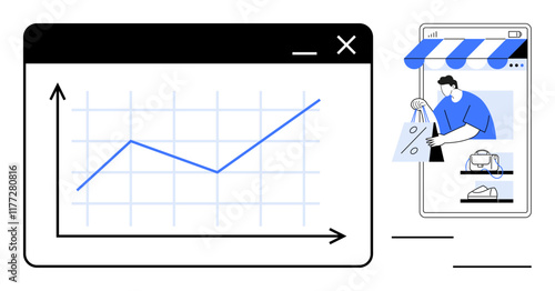 Graph with rising trend line next to mobile device screen showing online shopping scene. Ideal for business growth, market analysis, digital marketing, e-commerce trends, statistics, sales strategy