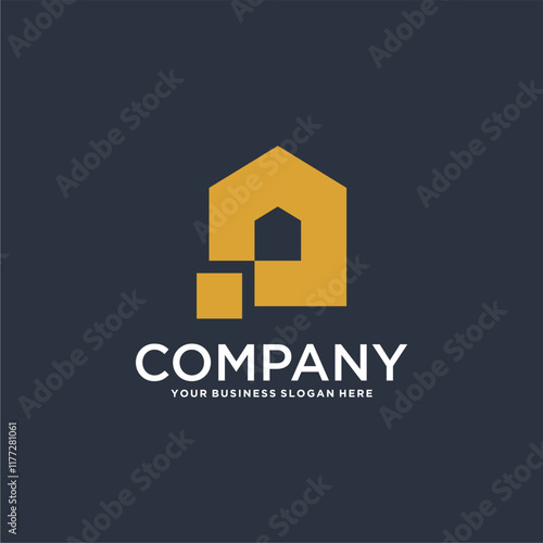 real estate logo design with house and building