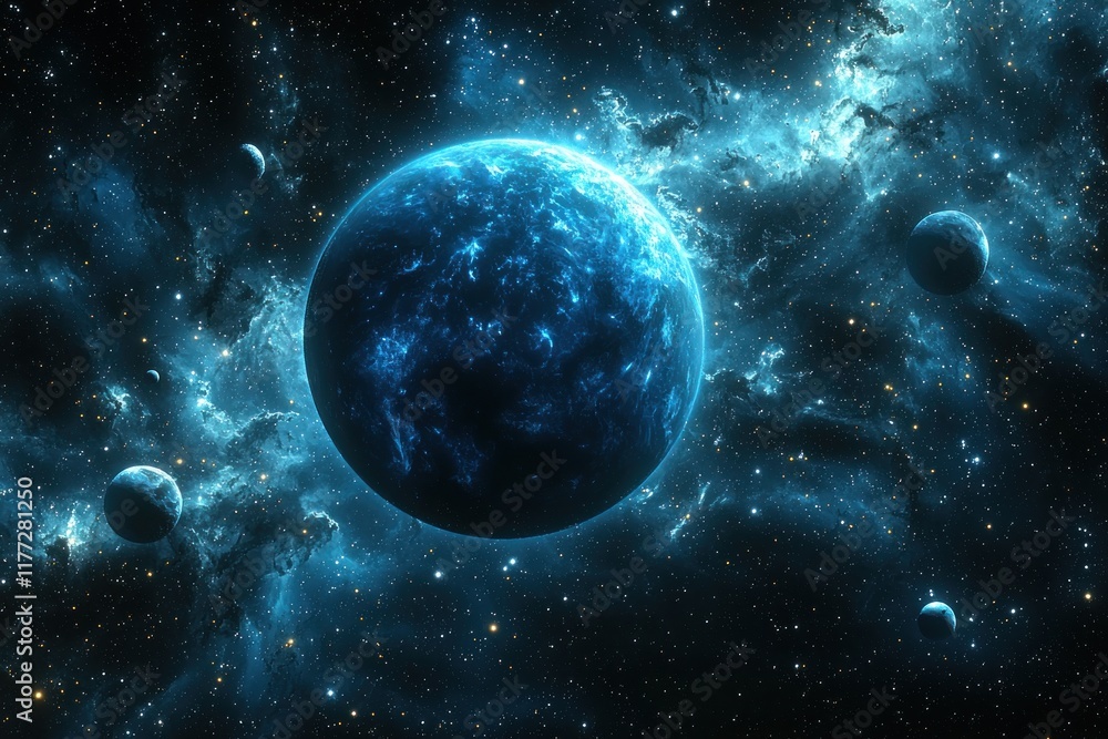 Obraz premium Blue planet with orbiting moons in deep space nebula, suitable for sci-fi projects