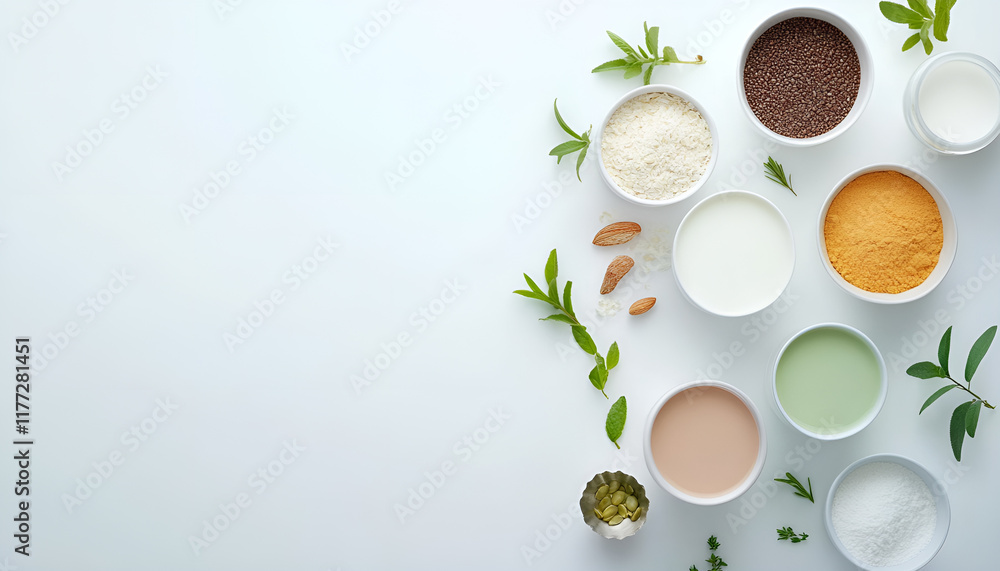 Various vegan plant based milk and ingredients, top view, copy space. Dairy free milk substitute drink, healthy eating Various vegan plant based milk and ingredients, top view, copy space. Dairy free milk substitute drink, healthy eating