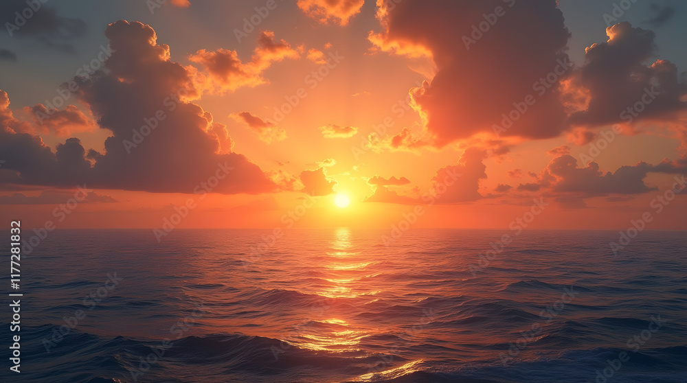 Fototapeta premium hermoso atardecer ardiente sobre el mar con el sol desapareciendo. en el agua y nubes en el cielo