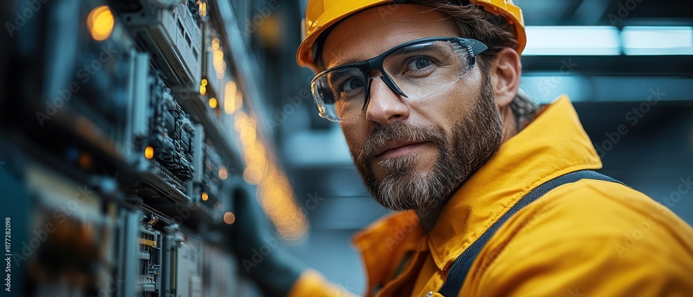 A focused worker in safety gear operates machinery in an industrial setting. A focused worker in safety gear operates machinery in an industrial setting.