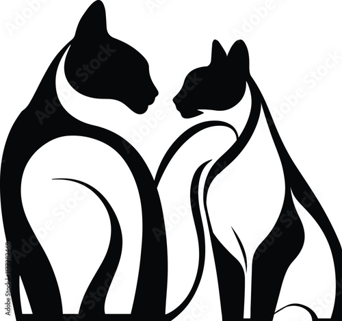 black and white cats ,A Cat Love Silhouette Black vector Vol - 11 ,House animals symbol logo illustration ,Love Silhouette vector , Animal Heads, Cat Sitting on the Moon