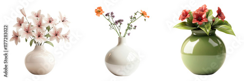 Set of A stunningly realistic Zbrush-style digital sculpture of soft pink flowers in a minimalist vase on transparent png background