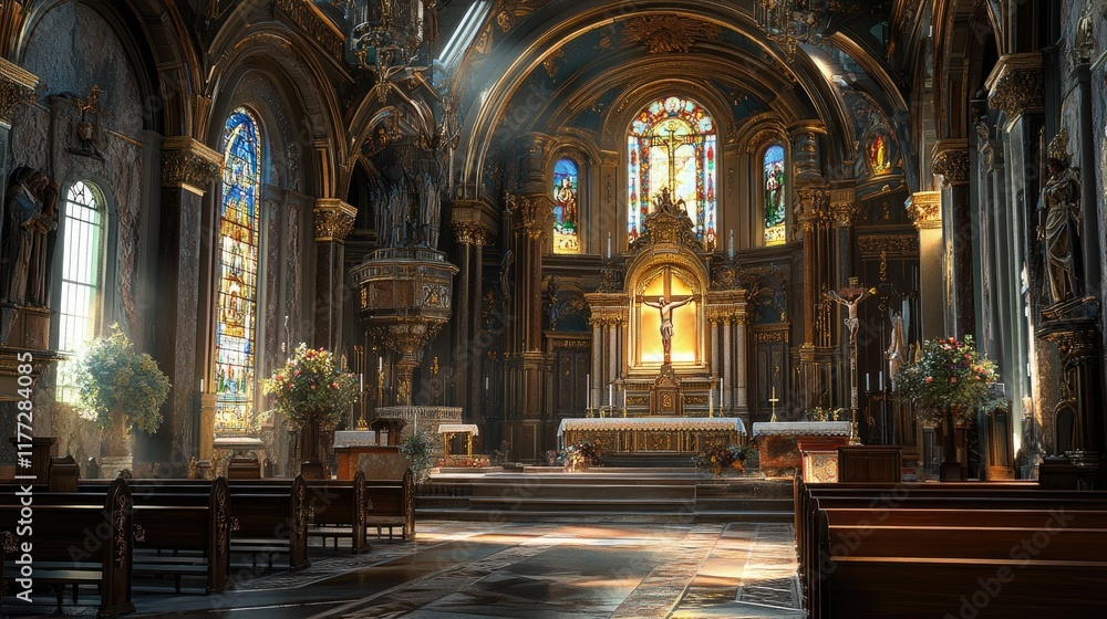 Fototapeta premium An ornate Roman Catholic church interior features a radiant high altar, vibrant stained glass, and serene pews.