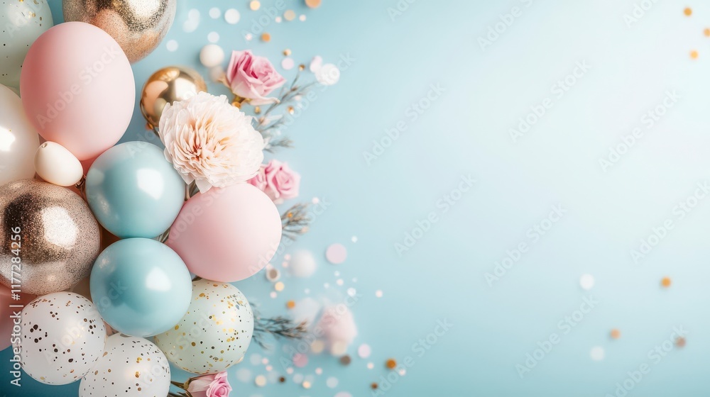 Whimsical pastel balloons & flowers on a light blue background. Perfect for celebrations! Whimsical pastel balloons & flowers on a light blue background. Perfect for celebrations!
