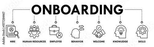 Onboarding banner web icon vector illustration concept for human resources business industry to introduce newly hired employee into an organization with behavior, welcome, knowledge, and skills icon