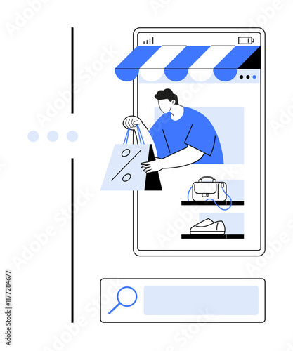 Man holding shopping bags, smartphone with storefront, product displays. Ideal for online shopping, e-commerce, digital transactions, mobile retail, convenience, consumer behavior technology trends