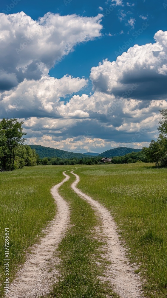 A vibrant field landscape captured with a clear path, surrounded by green foliage and blue skies, inviting exploration and tranquility A vibrant field landscape captured with a clear path, surrounded by green foliage and blue skies, inviting exploration and tranquility