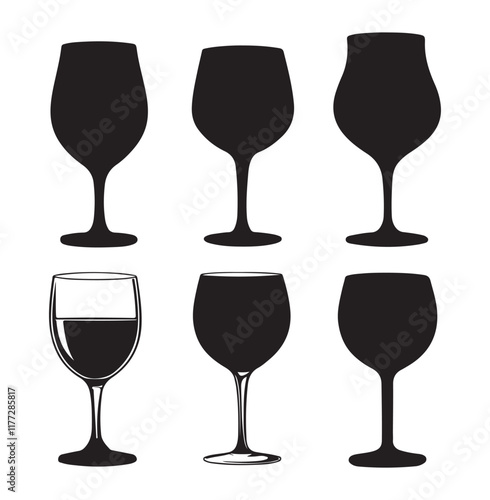 Vector icon set of utensil. cocktail  glasses , Isolated sign glass of wine on white background. Vector illustration. set of Minimalist wine glass icon silhouette