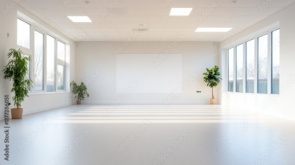Fototapeta premium Bright and airy studio room featuring clean white walls and ample natural light for creative inspiration.