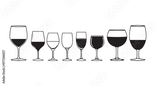 Vector icon set of utensil. cocktail  glasses , Isolated sign glass of wine on white background. Vector illustration. set of Minimalist wine glass icon silhouette
