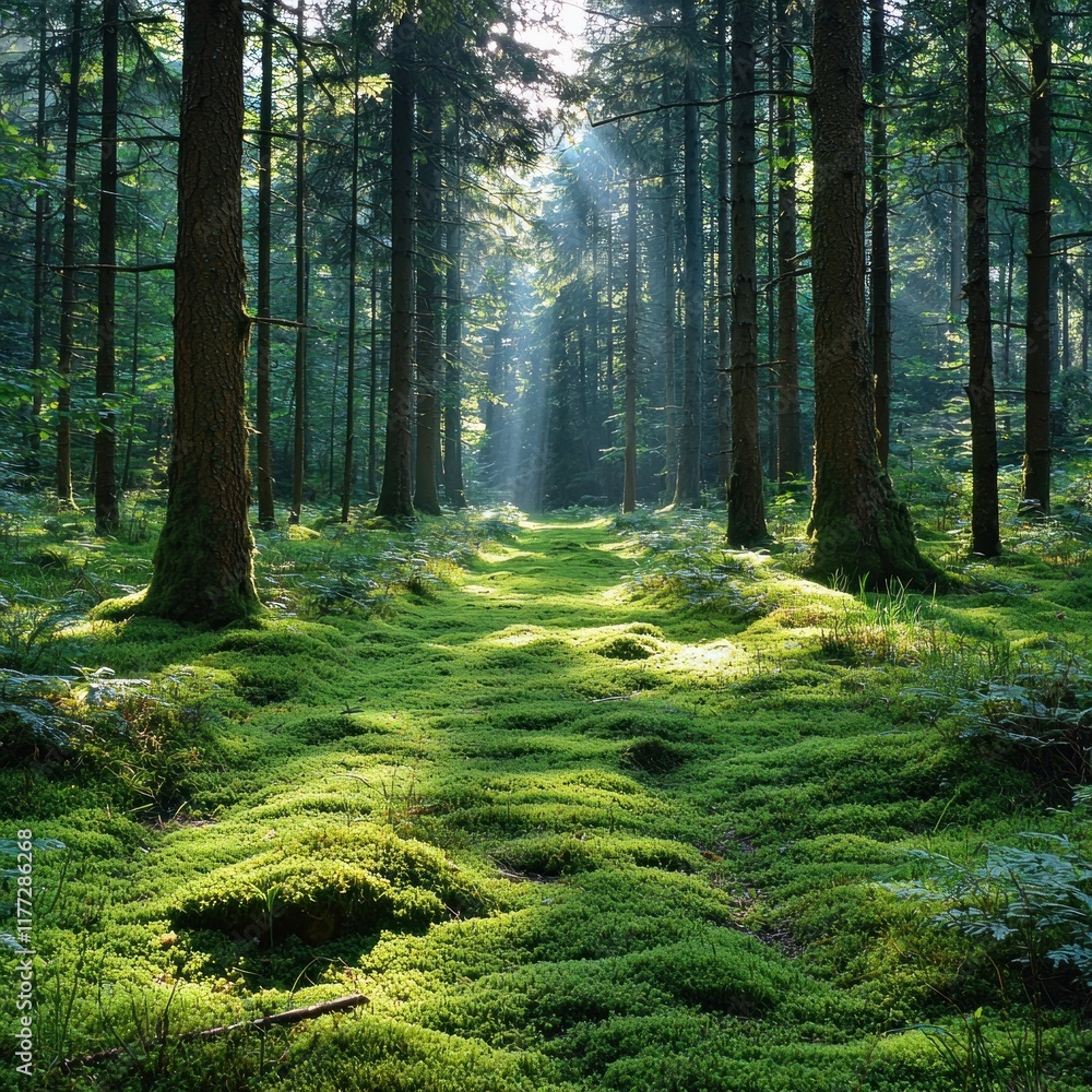 Obraz premium Sunbeams illuminate mossy path in tranquil forest at sunrise