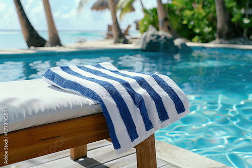 Striped beach towel draped over poolside lounge chair, shimmering water and bright sunlight