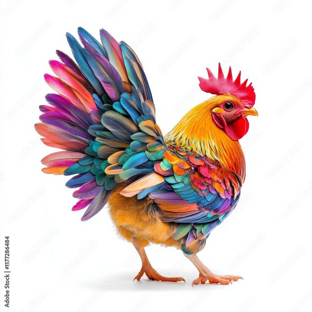 Fototapeta premium Chicken with vibrant plumage standing with wings slightly open, isolated on white