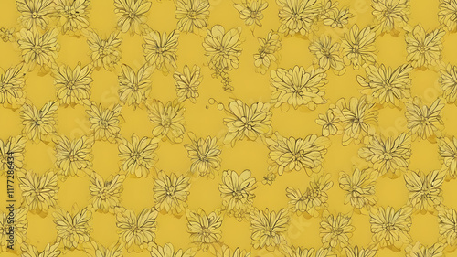 Bright yellow abstract wallpaper featuring intricate floral sketches for modern design