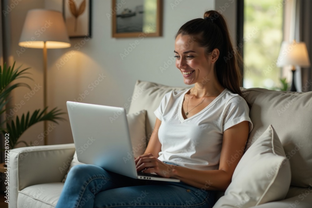 Naklejka premium Beautiful woman in comfortable clothing sits on a couch with an open laptop and tablet, smiling as she communicates over video call, home office, woman, tablet