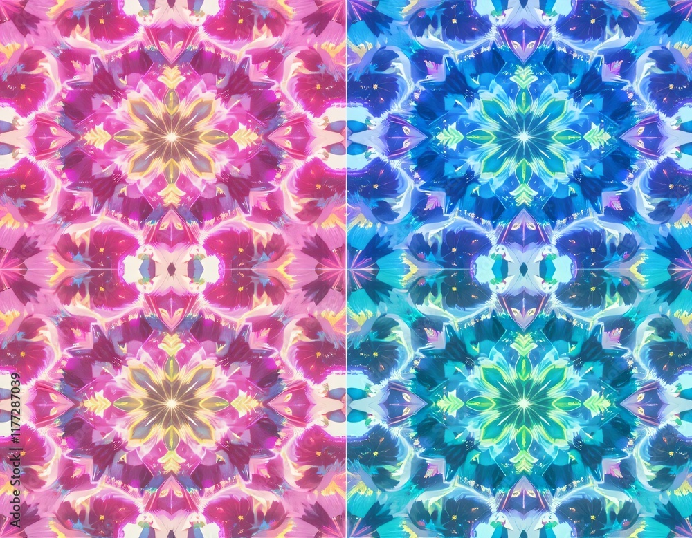Abstract geometric patterns that resemble a kaleidoscope display with a galactic feel. Bright colors like pink, electric blue, and neon green are combined with small stars and halos. Abstract geometric patterns that resemble a kaleidoscope display with a galactic feel. Bright colors like pink, electric blue, and neon green are combined with small stars and halos.
