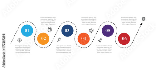 6 step point direction workflow, business presentation concept. Vector template infographic 