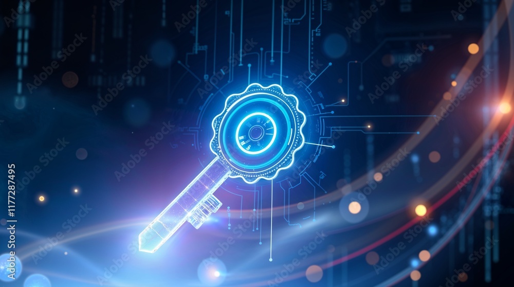 Obraz premium Glowing blue key icon with circular head and jagged edge, on dark blue background