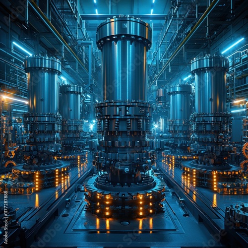 Futuristic energy generators operating in industrial plant with glowing lights