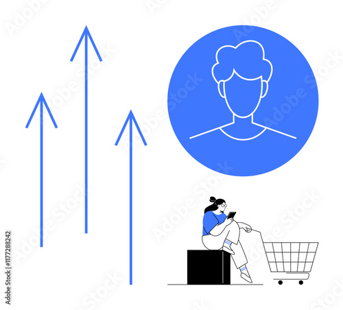 Blue user profile circle with a person sitting and shopping cart, surrounded by three upward arrows emphasizing growth. Ideal for e-commerce, consumer behavior, marketing, business growth, digital