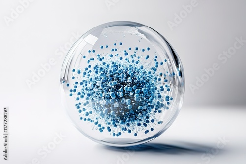 GClose-up of blue exosome particles inside transparent spheres. 3D illustration of exosomes in biotechnology. Scientific visualization related to cosmetology and trichology.enerated image photo