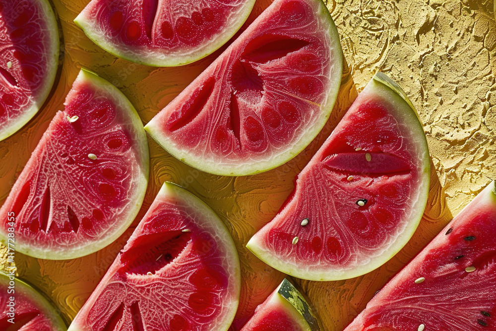 Top-down view of watermelon wedges forming symmetrical pattern against bold yellow surface Top-down view of watermelon wedges forming symmetrical pattern against bold yellow surface
