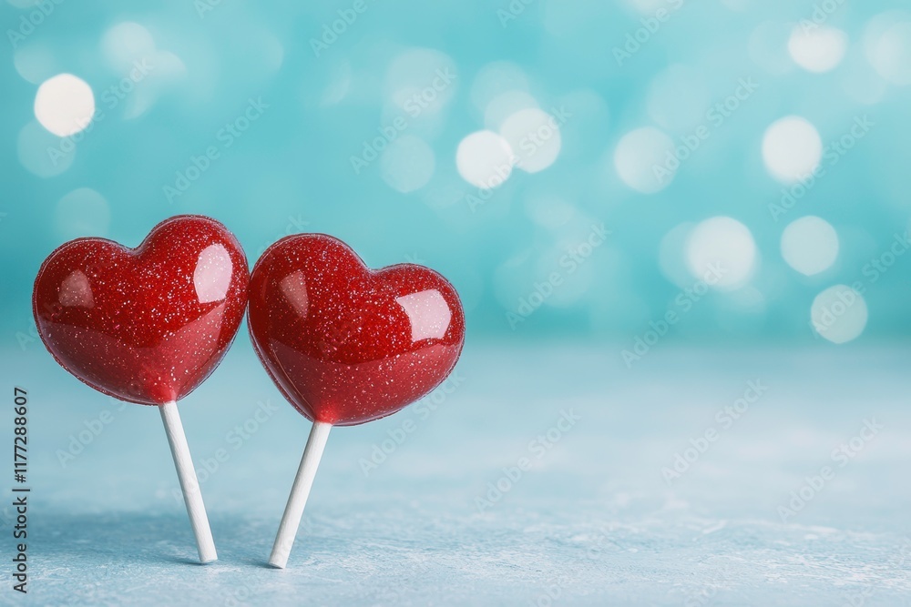 Fototapeta premium Two glittery red heart lollipops symbolizing sweetness and love against a dreamy background