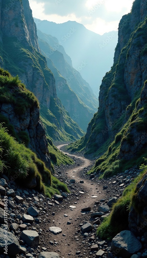 Obraz premium Winding mountain path disappearing into a deep, mysterious sinkhole, atmospheric, debris
