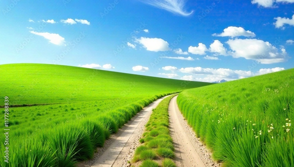 Winding dirt path through lush green meadow under clear blue sky with fluffy white clouds, winding road, nature scenery, grassy field Winding dirt path through lush green meadow under clear blue sky with fluffy white clouds, winding road, nature scenery, grassy field