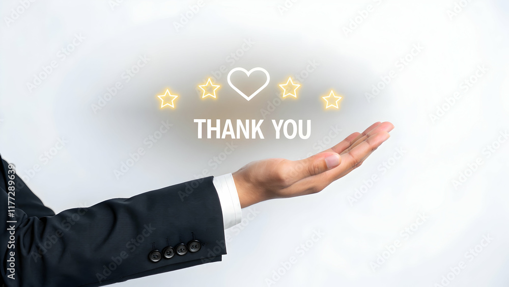 Hand Gesture with Thank You Text and Stars on Neutral Background Hand Gesture with Thank You Text and Stars on Neutral Background