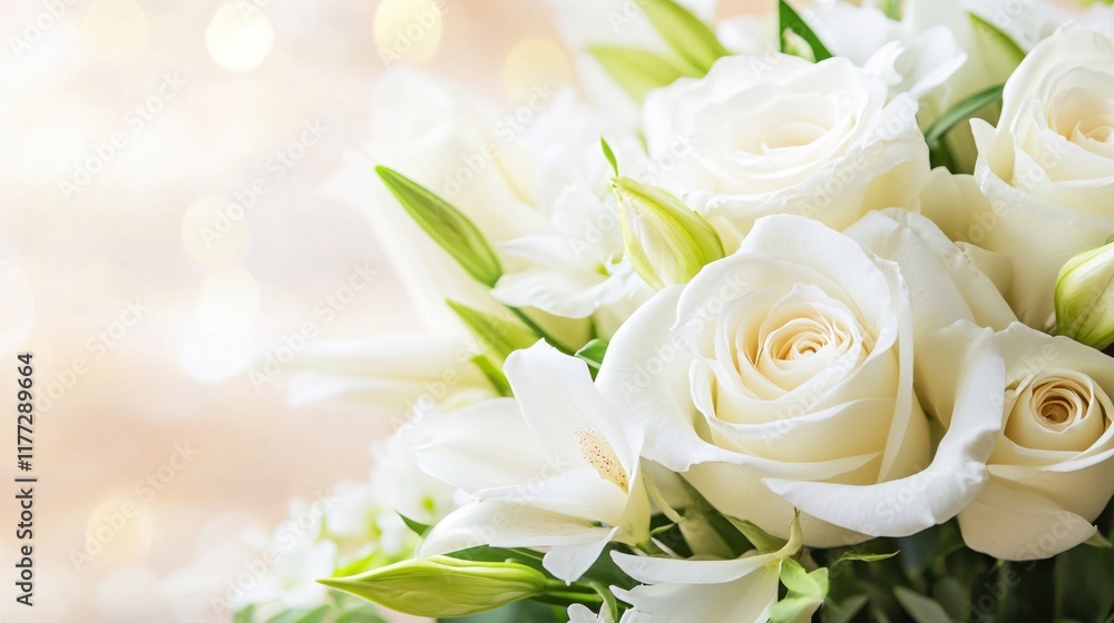 Elegant White Roses and Lilies Bouquet with Soft Bokeh Background Elegant White Roses and Lilies Bouquet with Soft Bokeh Background