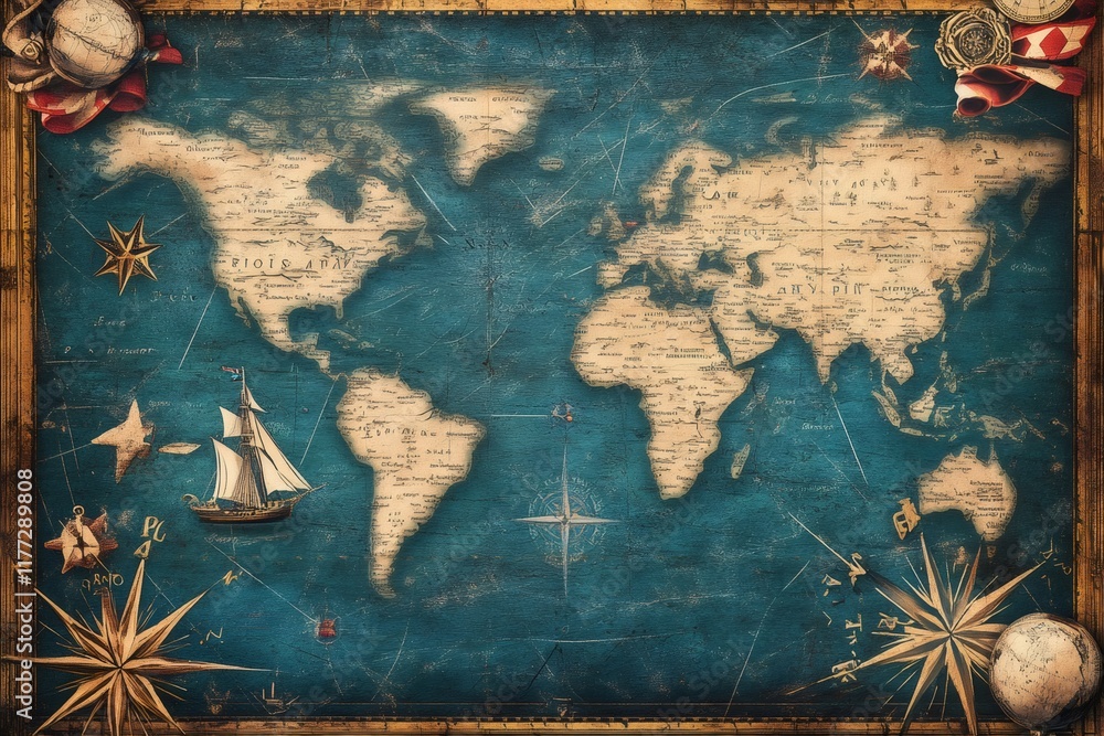 Naklejka premium Vintage world map showing continents, sailing ship, compass rose, and navigation tools