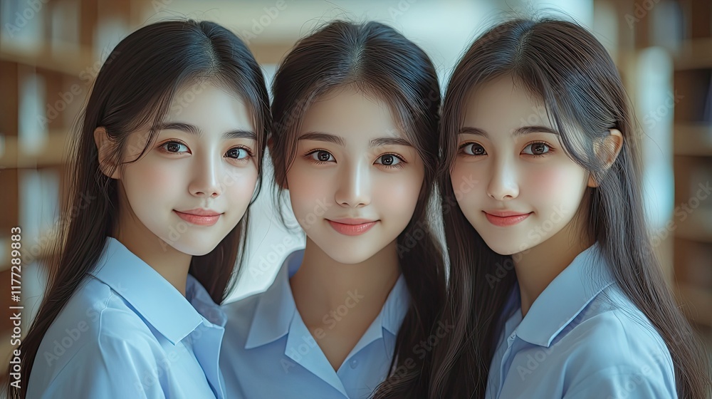 Fototapeta premium Three Asian young campus students enjoy tutoring and reading books together. Friendship and Education concept. Campus school and university theme. Happiness and funny of learning in college.