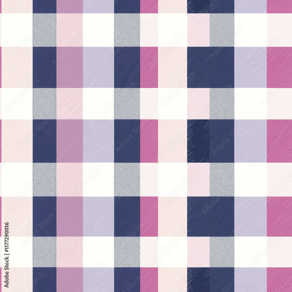 Colorful plaid pattern featuring squares in pink, navy, and white hues, creating a visually appealing textile design. Colorful plaid pattern featuring squares in pink, navy, and white hues, creating a visually appealing textile design.