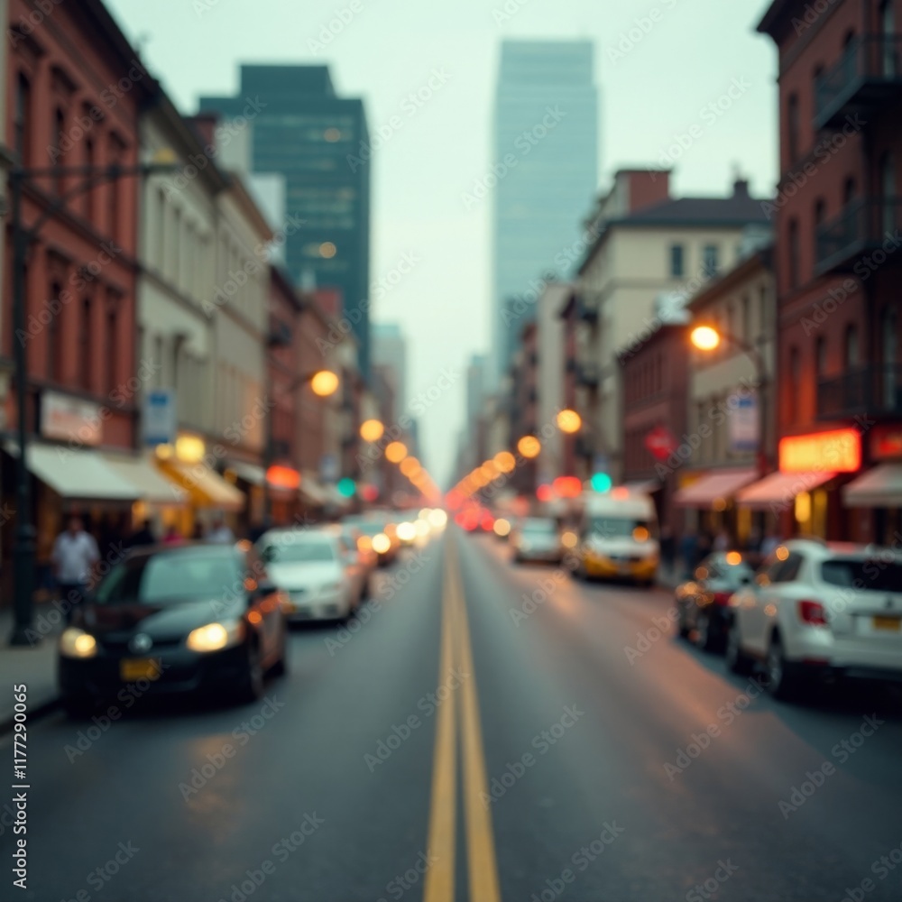 Fototapeta premium Bokeh-defocused cityscape with warm vintage tones, city view, dark background, bokeh effect