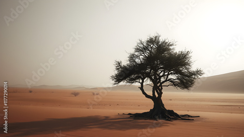 Stranded and helpless as an oasis concept as a vulnerable single tree in a hot arid desert as a withdrawn metaphor, dark. Generative AI
