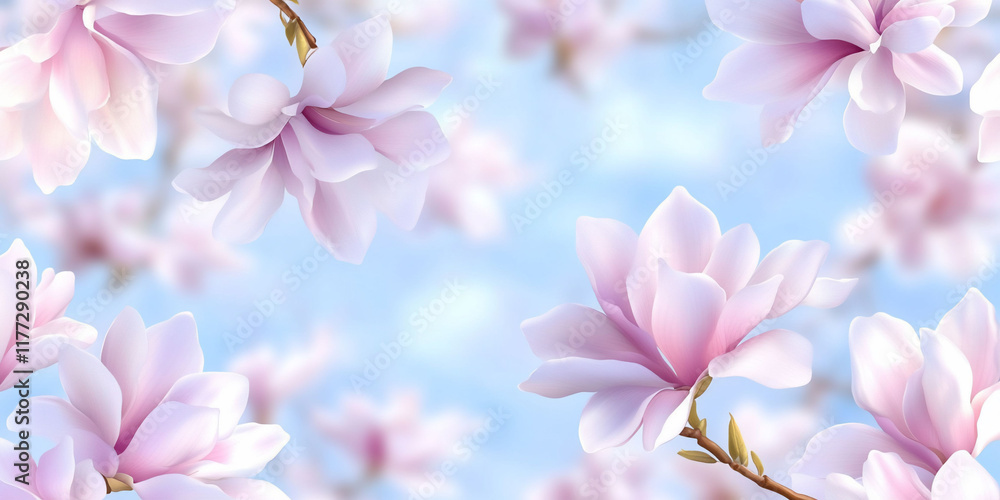 Fototapeta premium Delicate pink magnolia blossoms against a light blue sky.