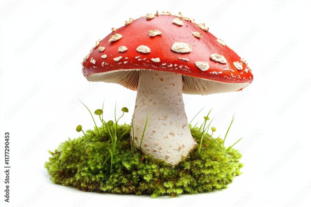 Obraz premium A red mushroom with white spots growing on green moss