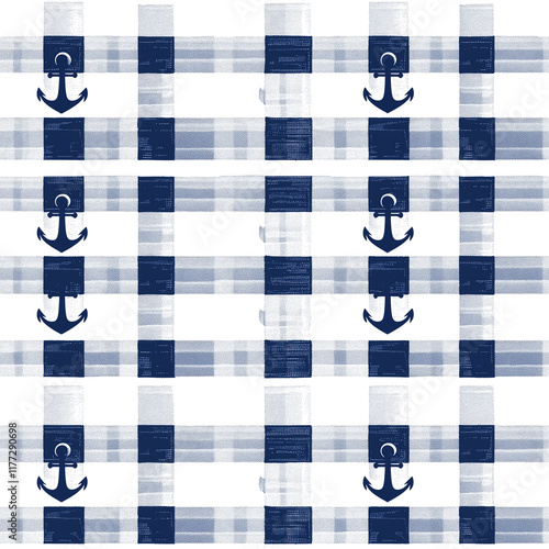 A nautical-themed pattern featuring blue anchors on a textured white background, creating a stylish maritime design. photo