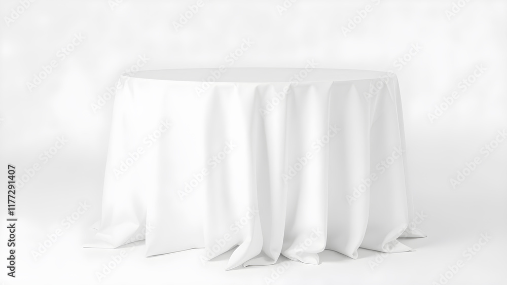 Table with white tablecloth on white background. Generative AI
